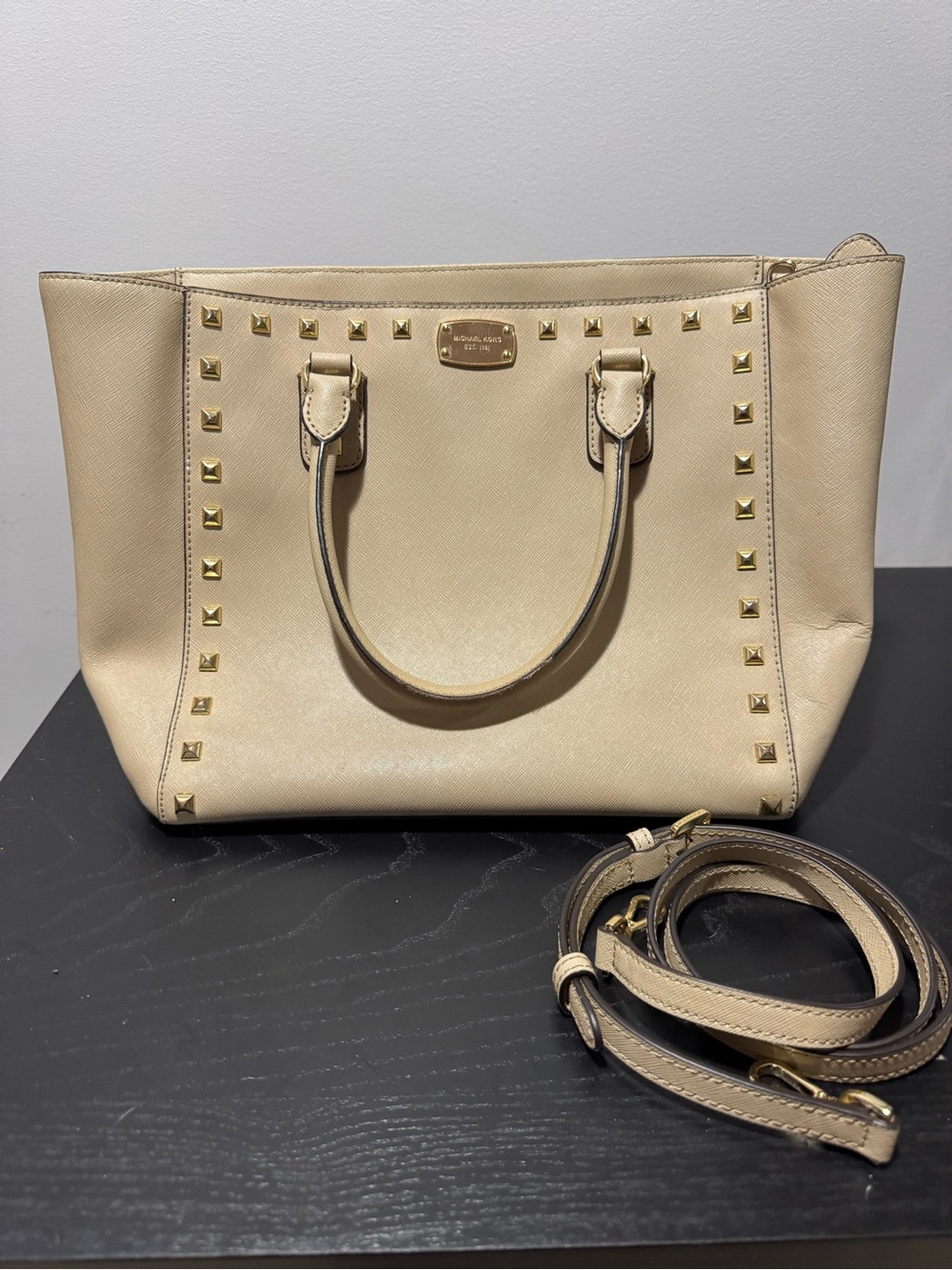 Michael Kors Cream Studded Saffiano Tote with Detachable Strap